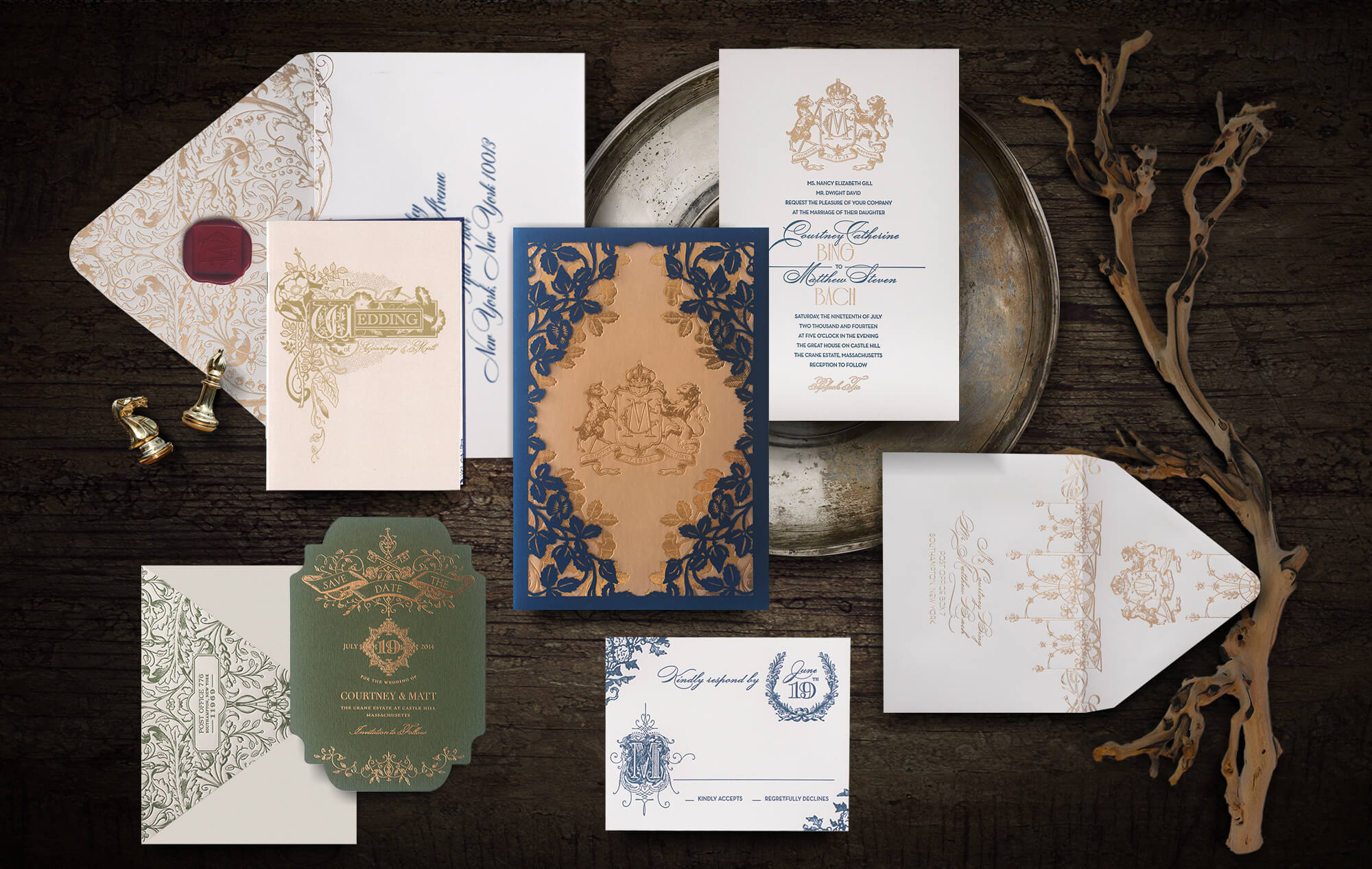 Old world wedding invitation with custom heraldry