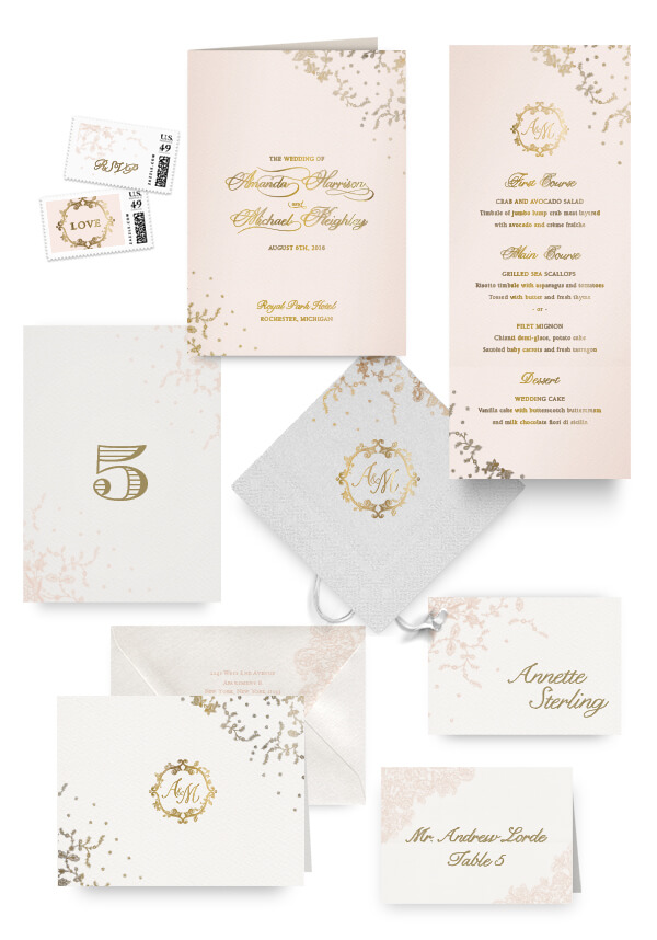 Gold lace napkins, table cards, escort and place cards