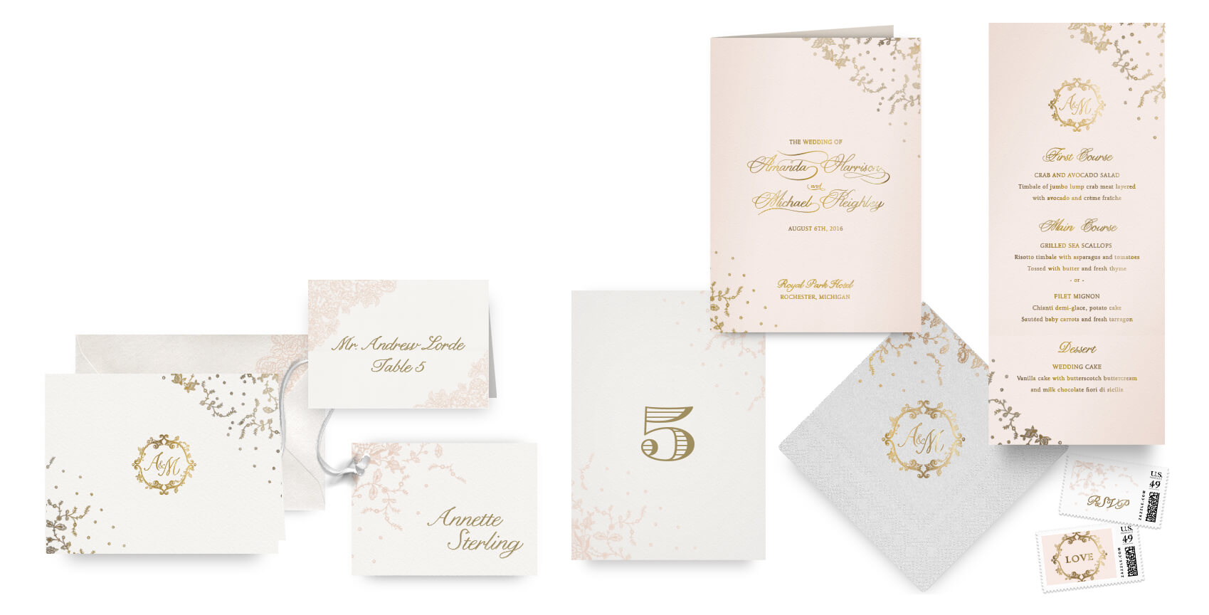 Blush vintage menus, programs and wedding accessories