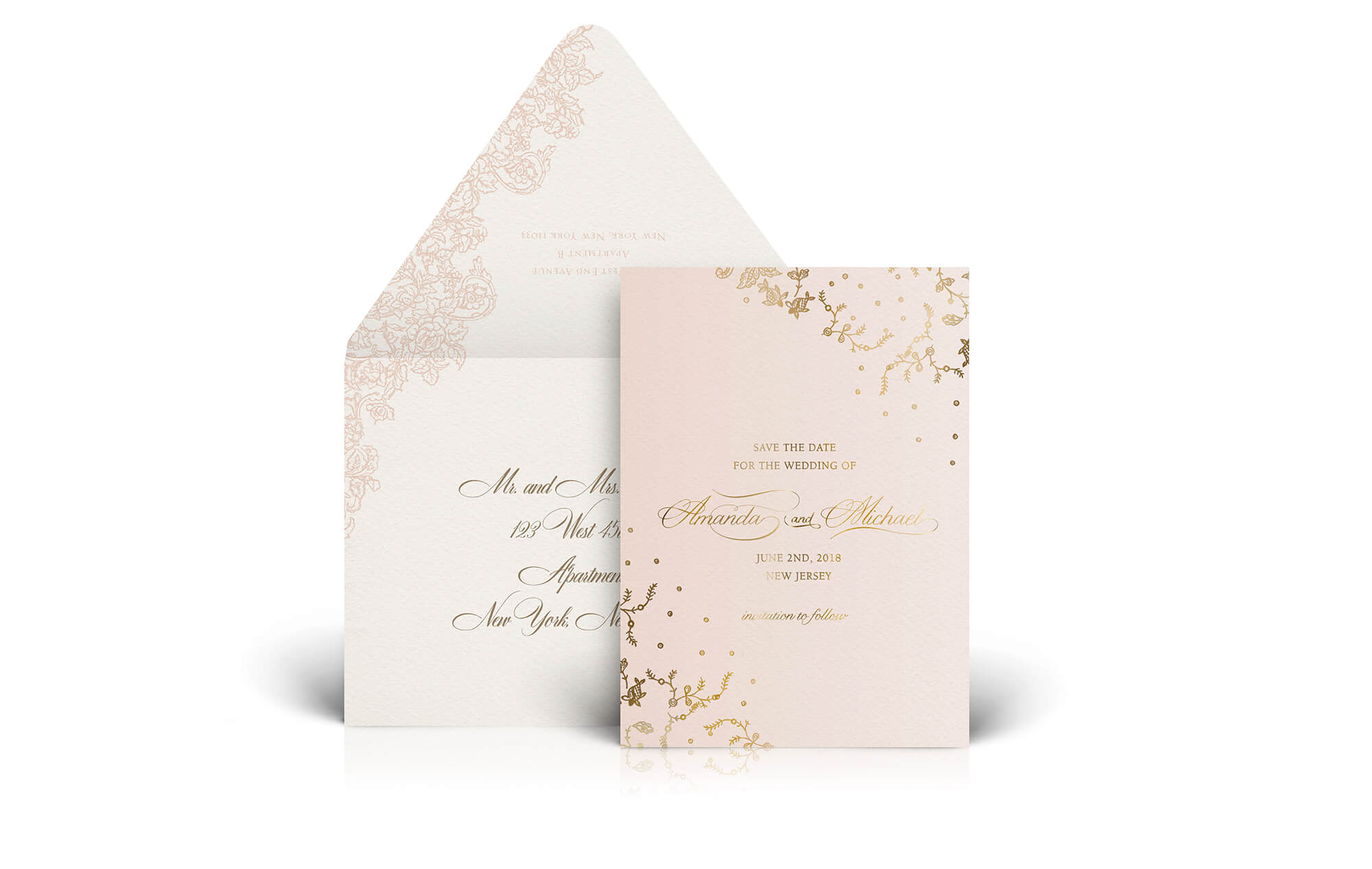 Pink and gold lace save the date