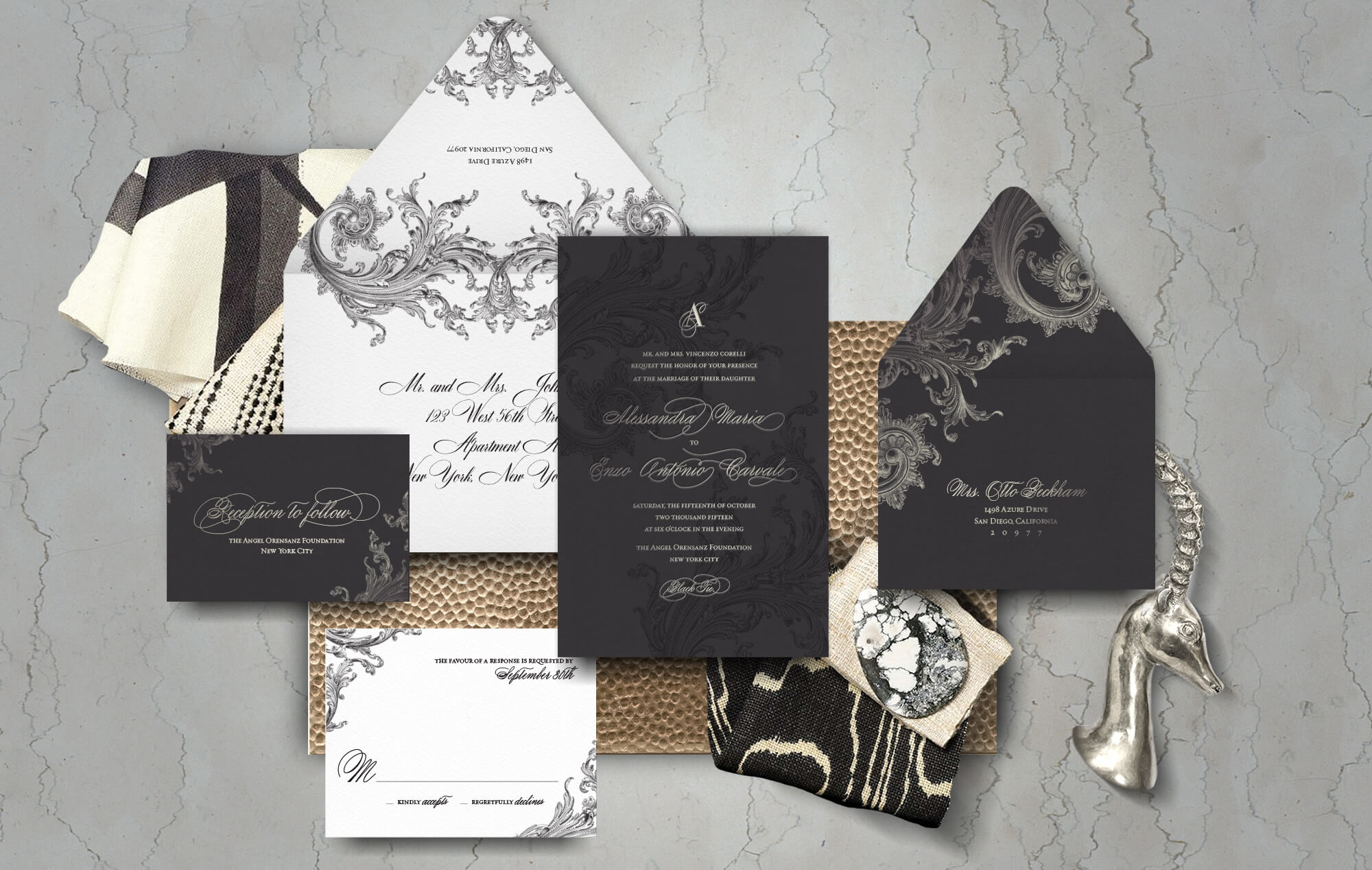 Black and silver scrollwork wedding invitation