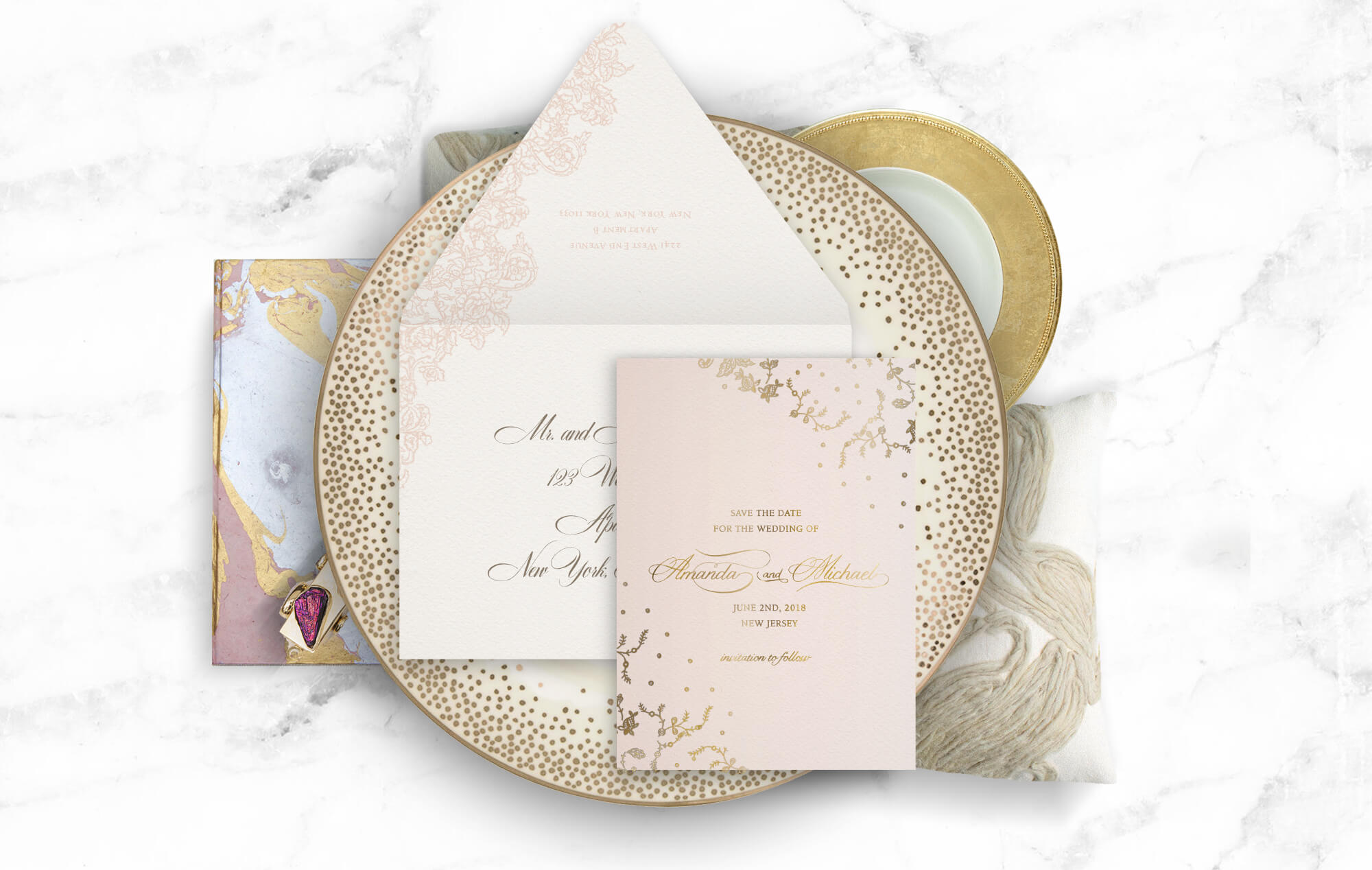 Blush pink and champagne gold lace save the date