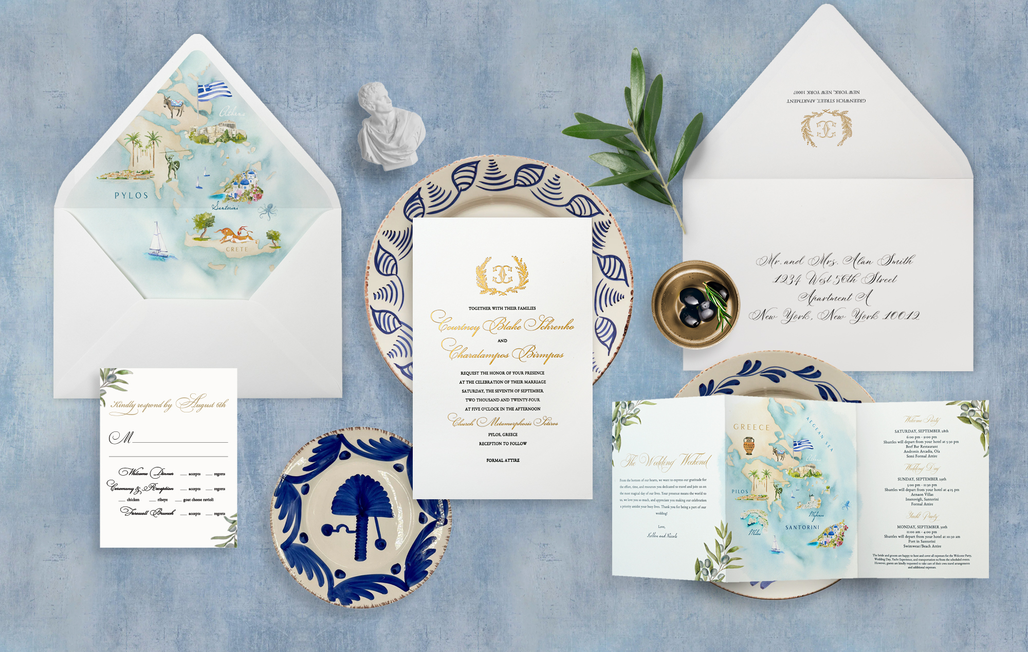 Greece Watercolor Wedding Invitation